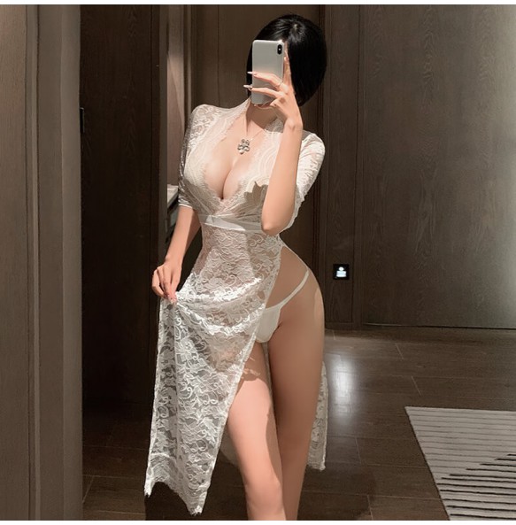 FEE ET MOI - Sheer Lace Deep V Slit Maxi Dress (White)